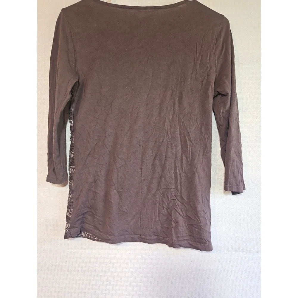 Ann Taylor Loft Women's XS Lace Brown Stripe 3/4 Sleeve Blouse Boho Lightweight - Picture 4 of 9